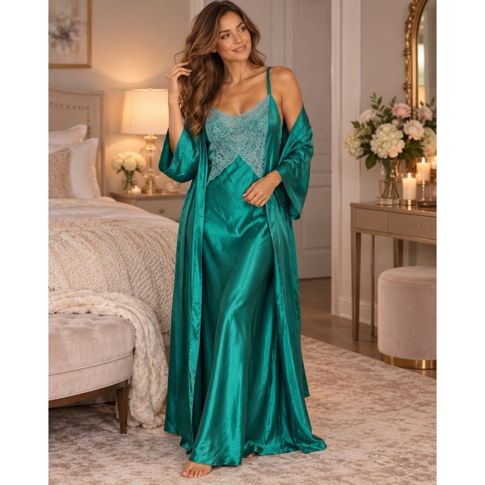 Victoria's Secret Vintage Satin Lace Nightgown Slip Dress Green Size L 55" Long